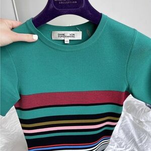 DVF Diane Von Furstenberg XXS Bodycon Stretch Knit Midi Dress - green stripe